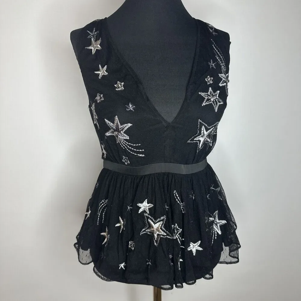 Vintage Express Embroidered Star Black Peplum VNeck Sheer Tank Rhinestones Sz 4 - Picture 3 of 13